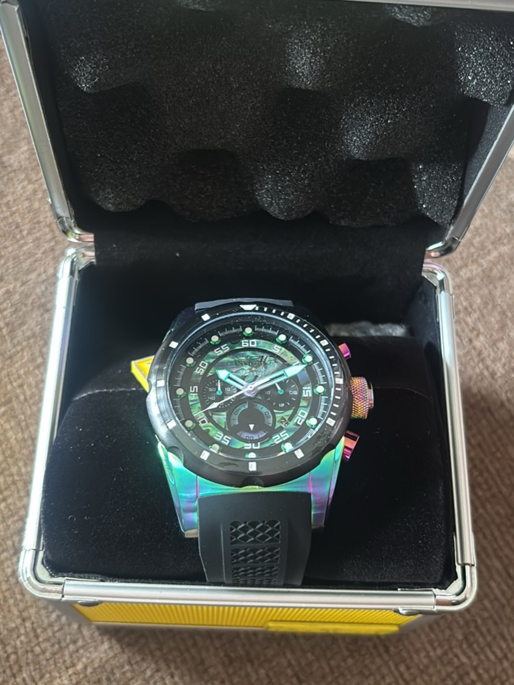 Invicta Iridescent Multi-Tone Chronograph Watch with Black Strap